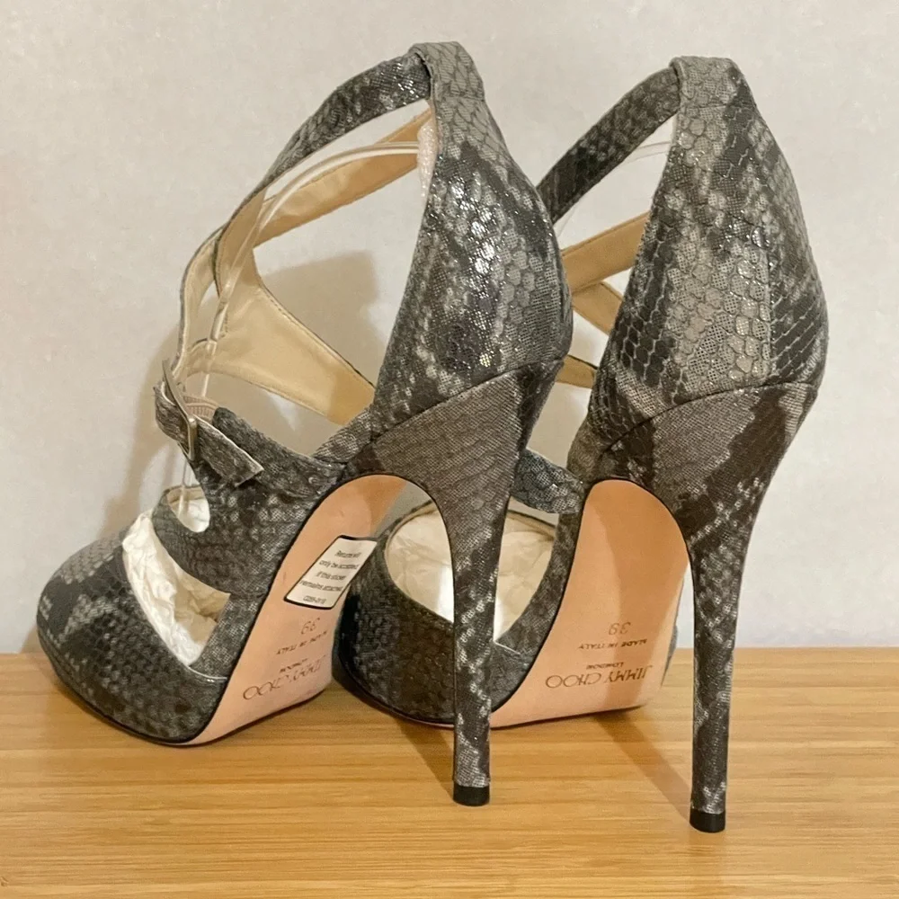 Jimmy Choo glitter animal print wrap around strappy ankle pump 38.5 120mm